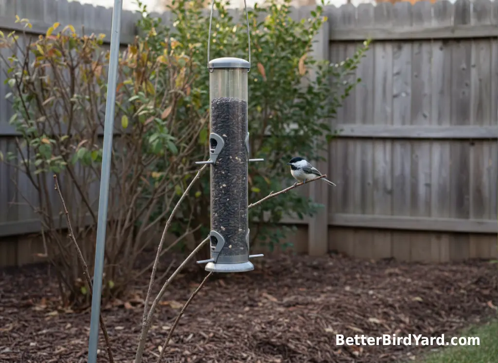 A clean tube bird feeder hangs near shrubs in a small suburban backyard.