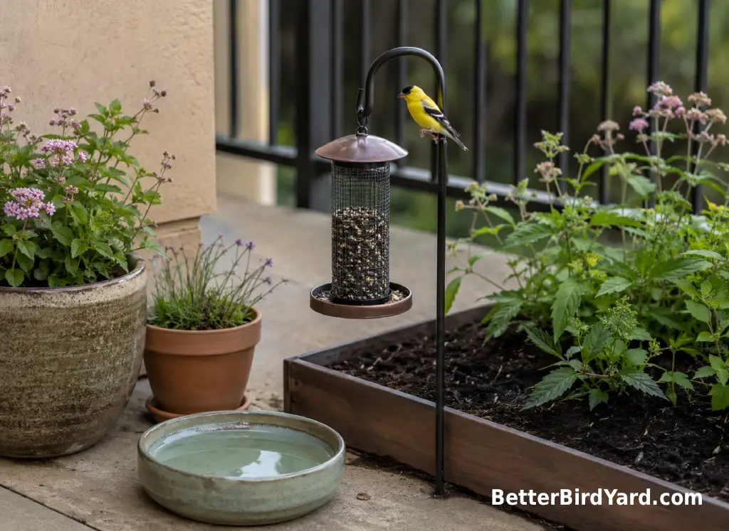 A compact patio bird feeder stands beside potted native plants and a shallow water dish.