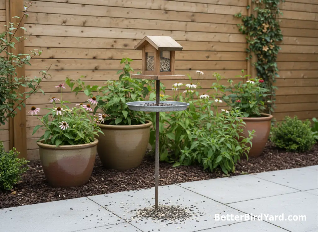 A hopper feeder and a small seed tray stand in a tidy patio garden.