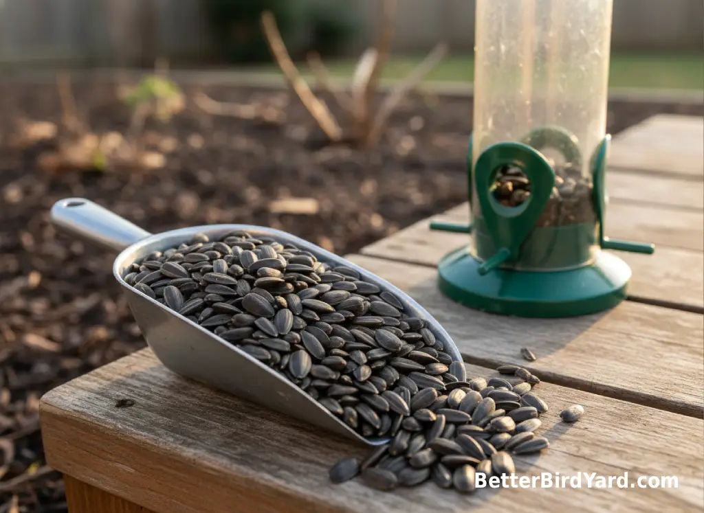 A scoop of black oil sunflower seed sits beside a clean bird feeder on a garden bench.