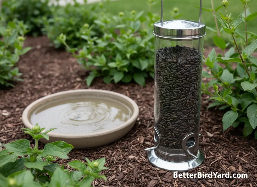 Fresh sunflower seed fills a clean new feeder beside a small bird bath.
