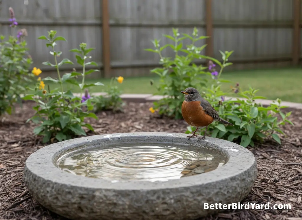 A shallow bird bath with clean water sits near native plants in a backyard bed.