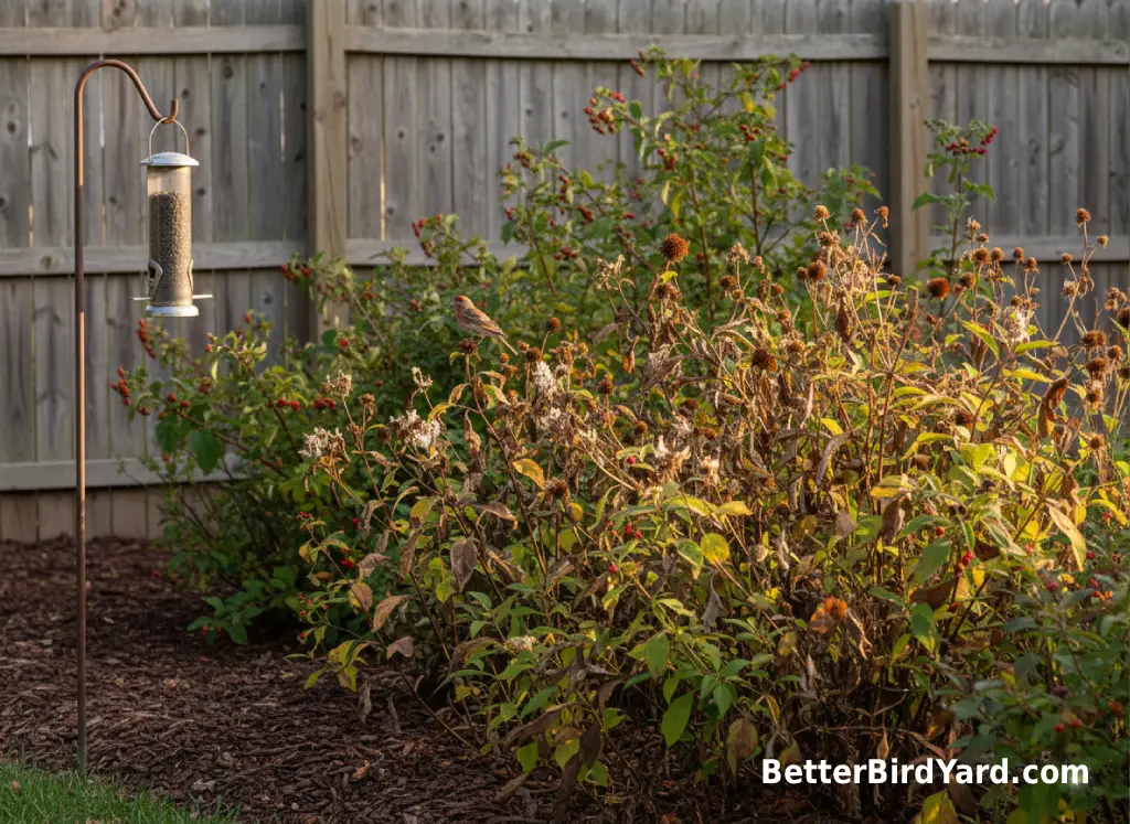 Native shrubs and seedheads grow beside a fence near a backyard bird feeder.