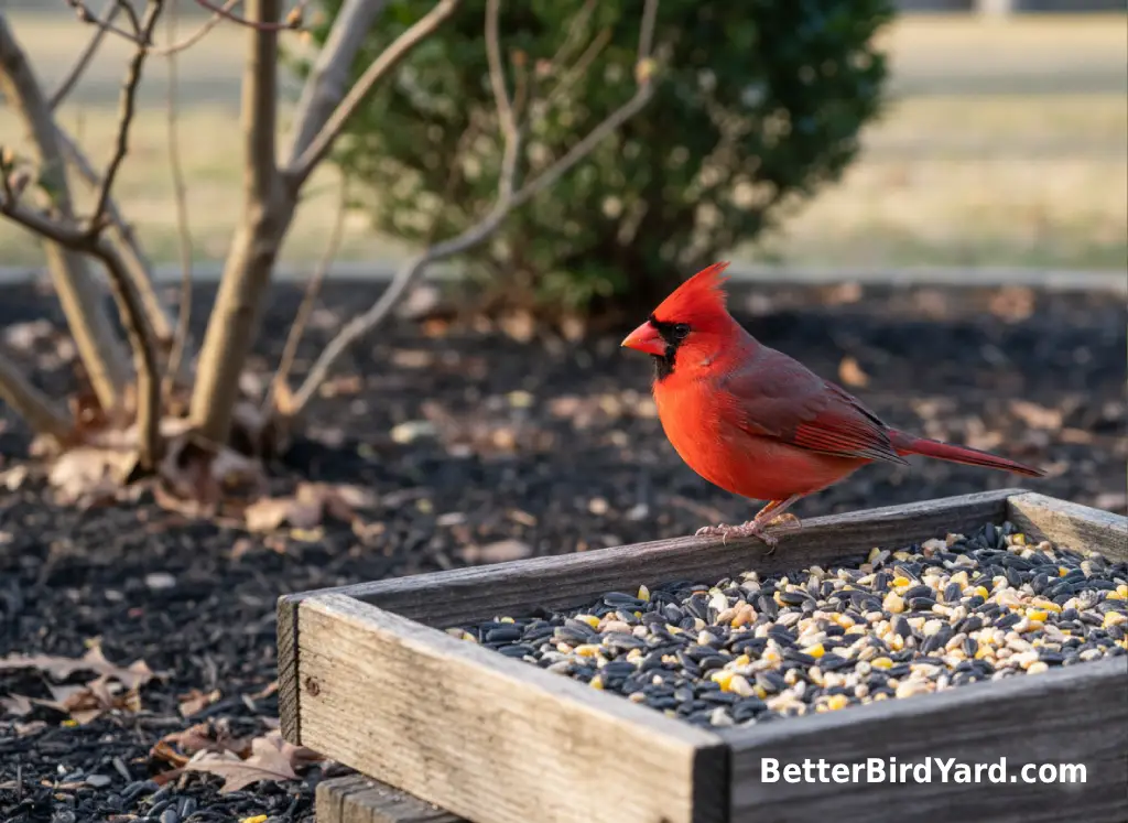 A Northern Cardinal perches near a platform feeder with sunflower seed.