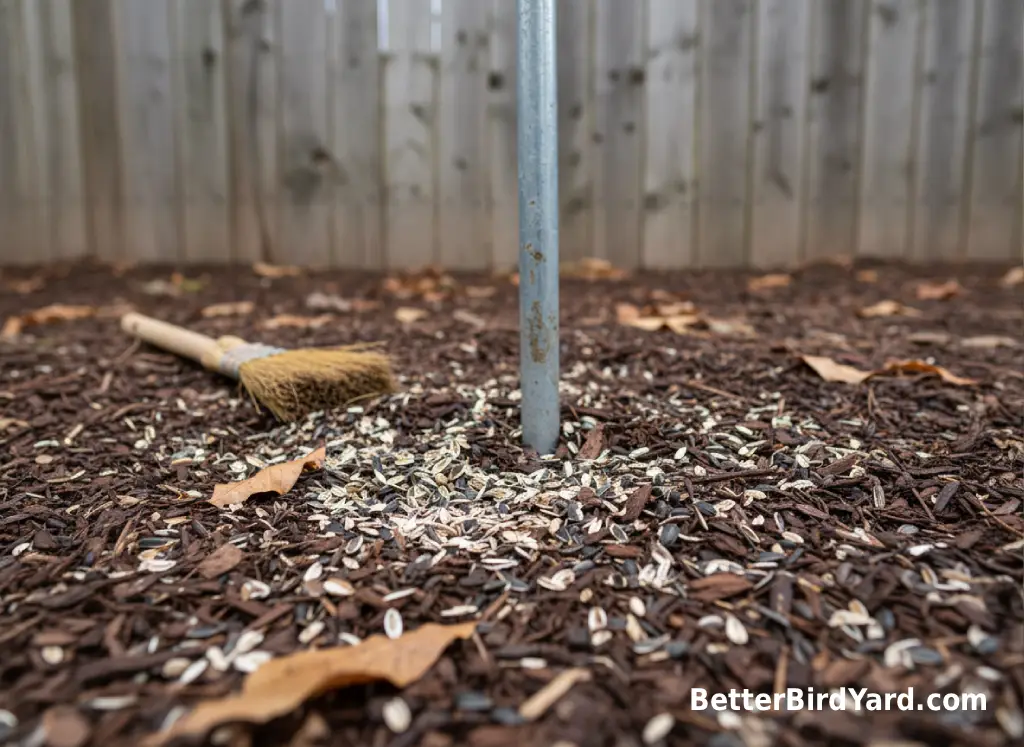 Seed hulls and spilled seed are scattered below a backyard feeder pole.