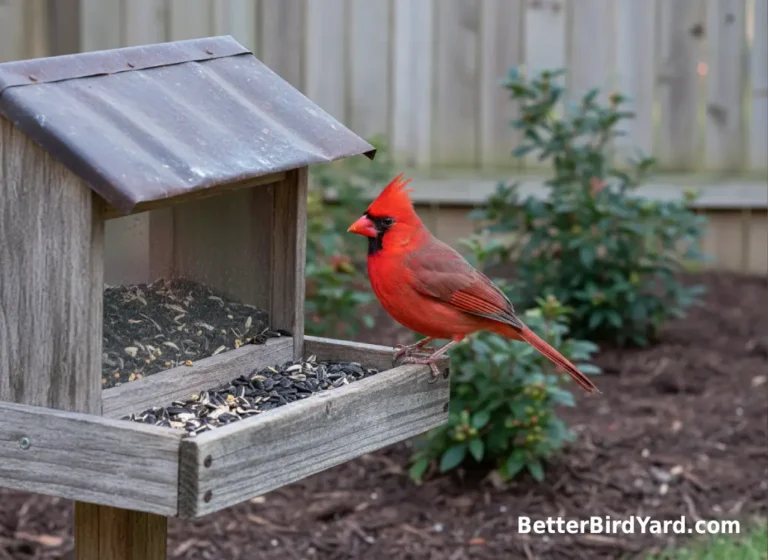 A male Northern Cardinal perches beside a hopper feeder filled with sunflower seed.