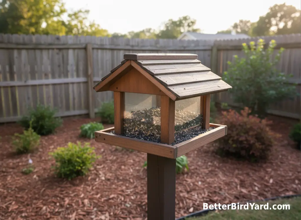 A sturdy hopper feeder with a wide perch stands near shrubs in a backyard.