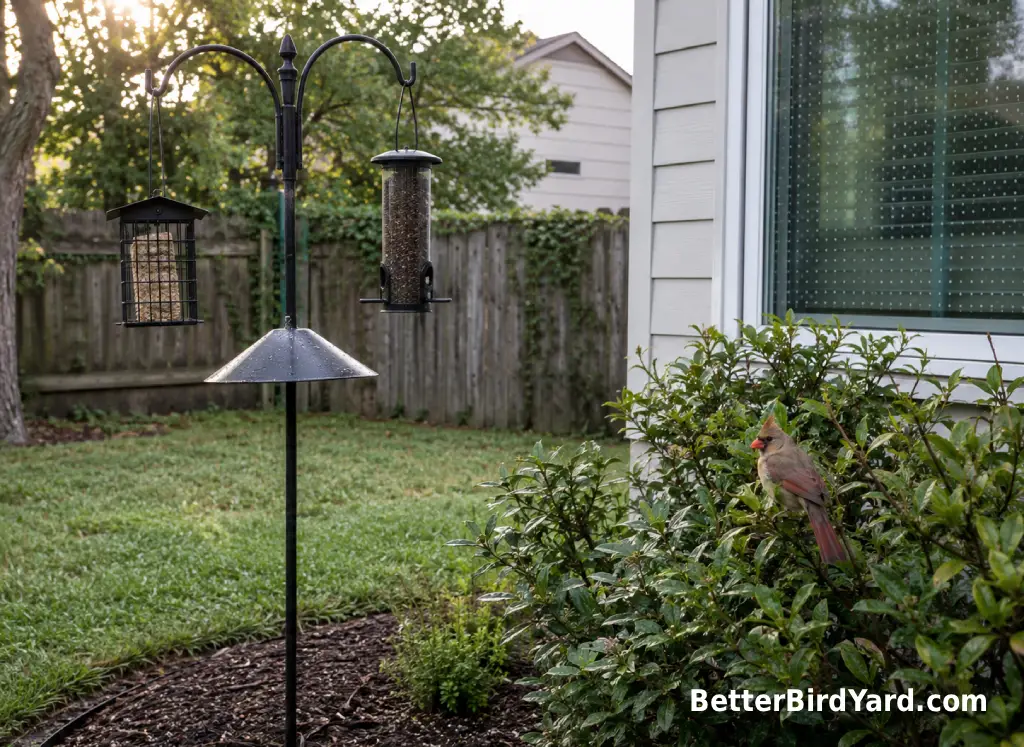 A female Northern Cardinal perches in shrubs near a feeder placed away from a window.