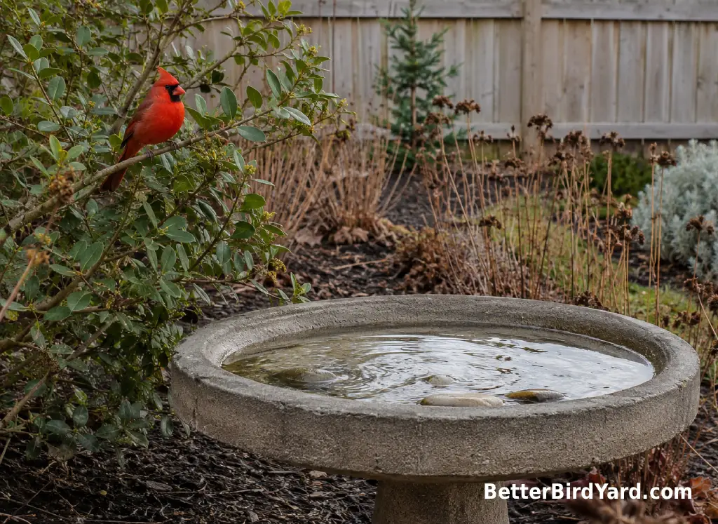 A shallow bird bath sits beside shrubs and dried seedheads with a cardinal nearby.