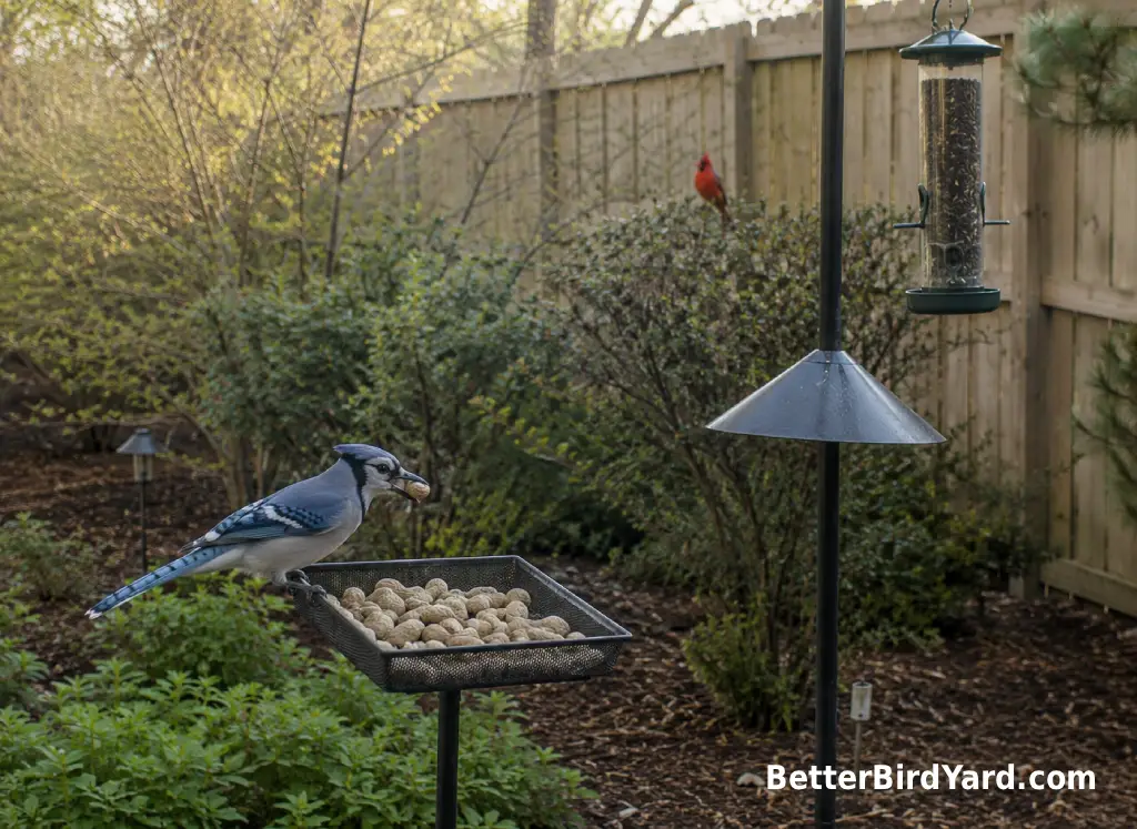 A Blue Jay visits a peanut tray while a cardinal waits in nearby shrubs.