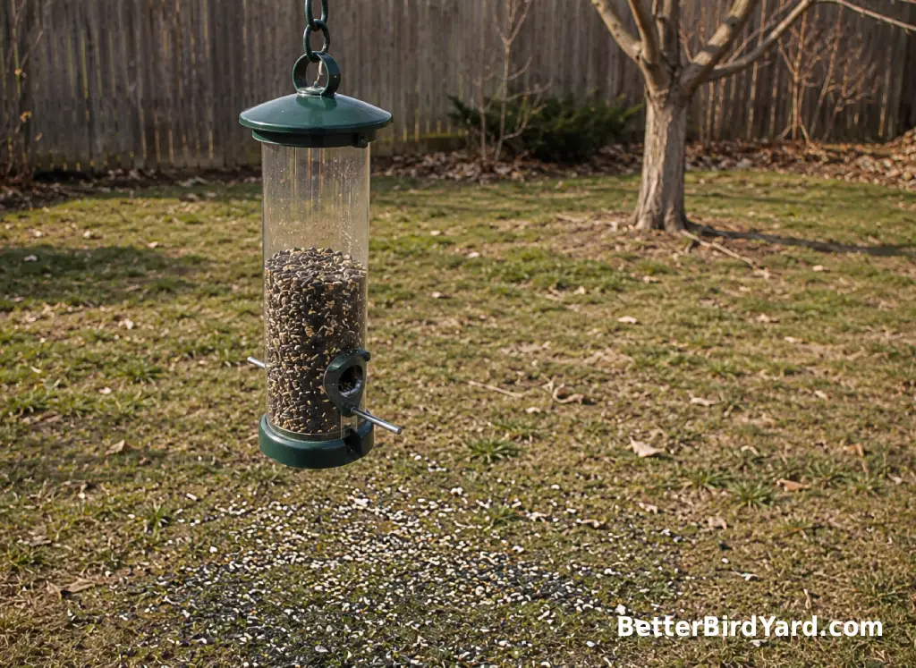 A small tube feeder with short perches hangs in an exposed yard with seed hulls below.