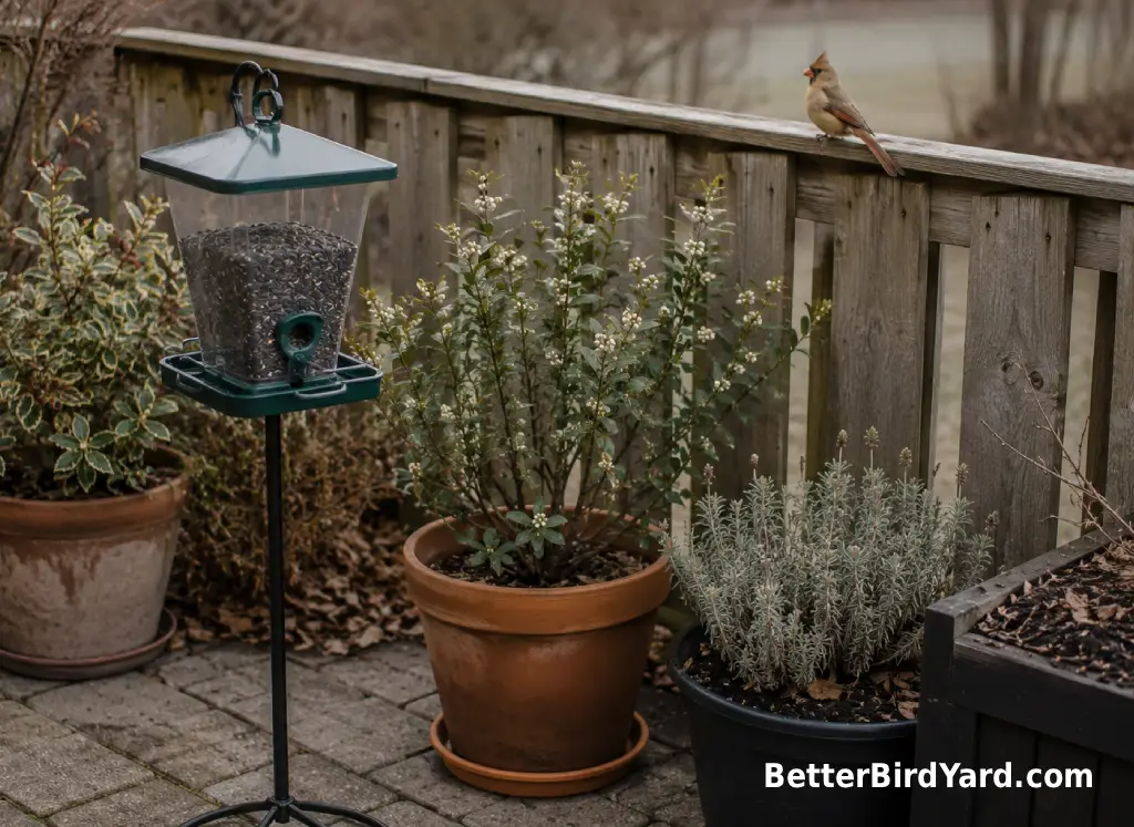 A compact hopper feeder and potted shrubs create a cardinal-friendly patio setup.