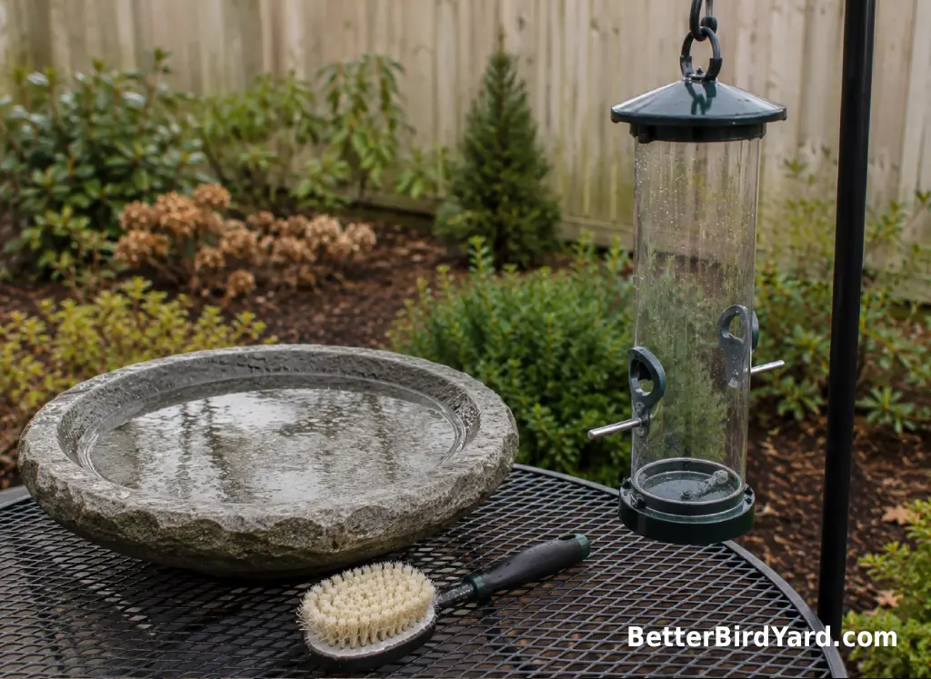 A clean empty feeder hangs beside a freshly scrubbed bird bath in a backyard.