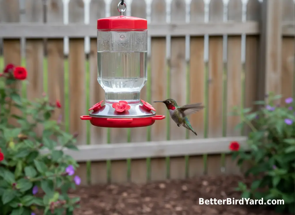 A clean red hummingbird feeder hangs near flowering plants in a small backyard garden.