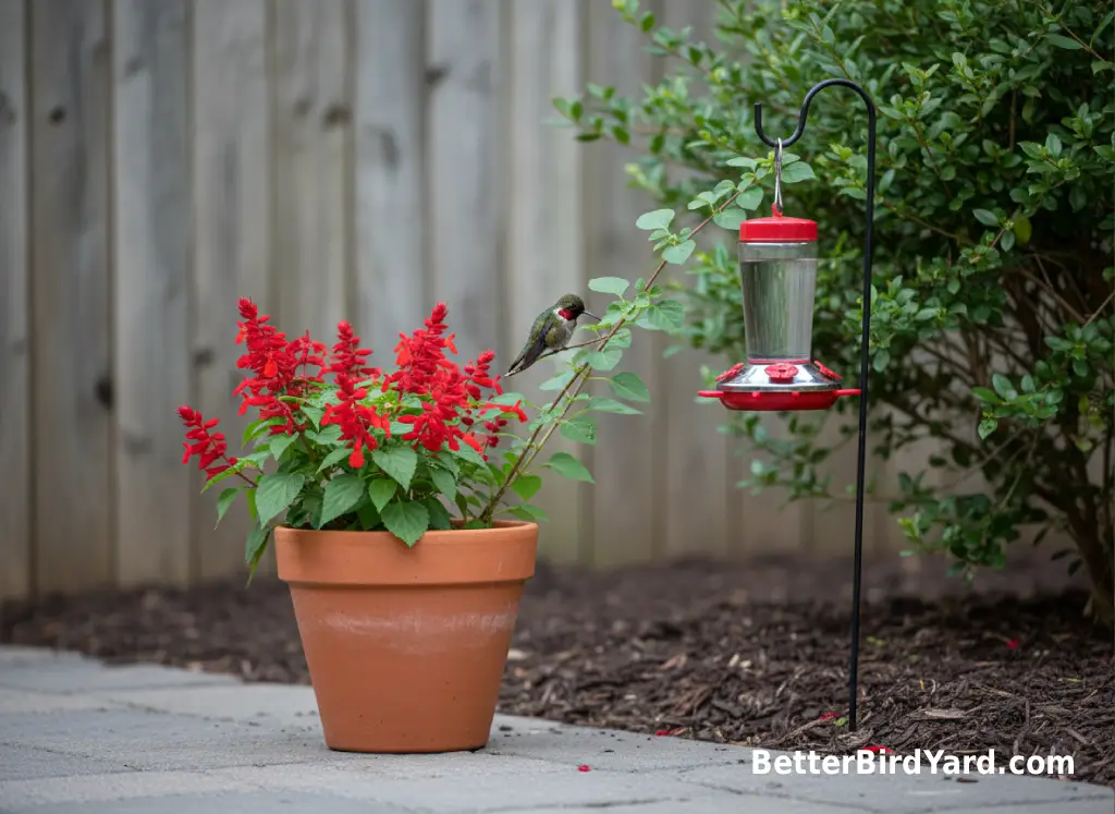 A small hummingbird feeder and potted red flowers sit on a quiet backyard patio.