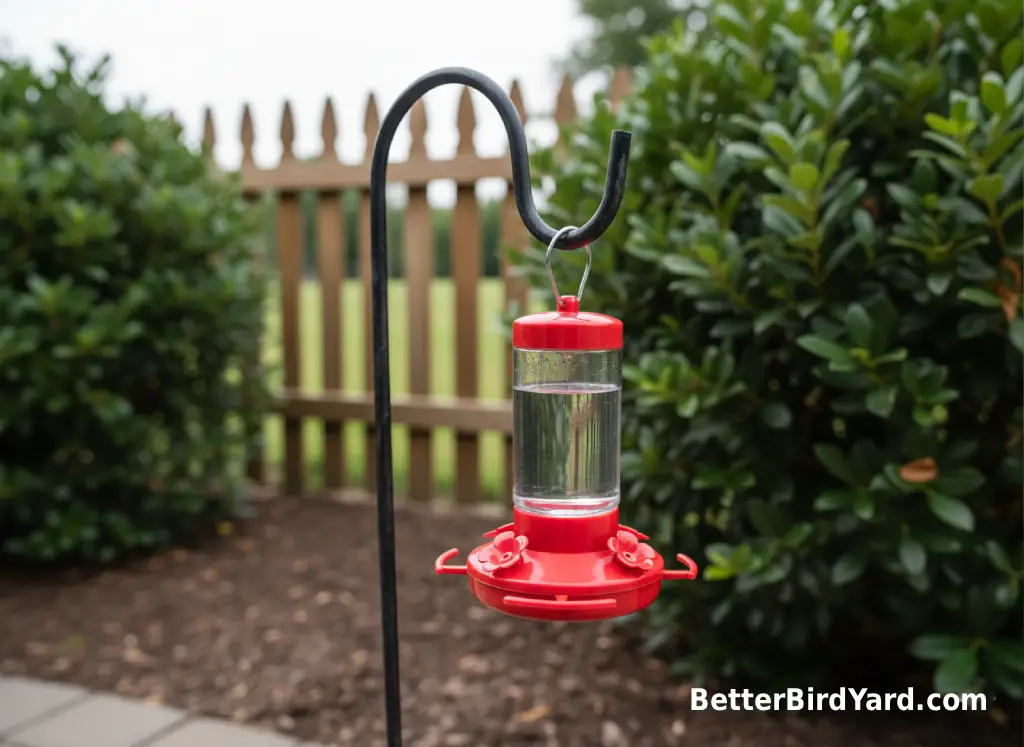 A small hummingbird feeder with red ports hangs from a metal hook beside leafy shrubs.