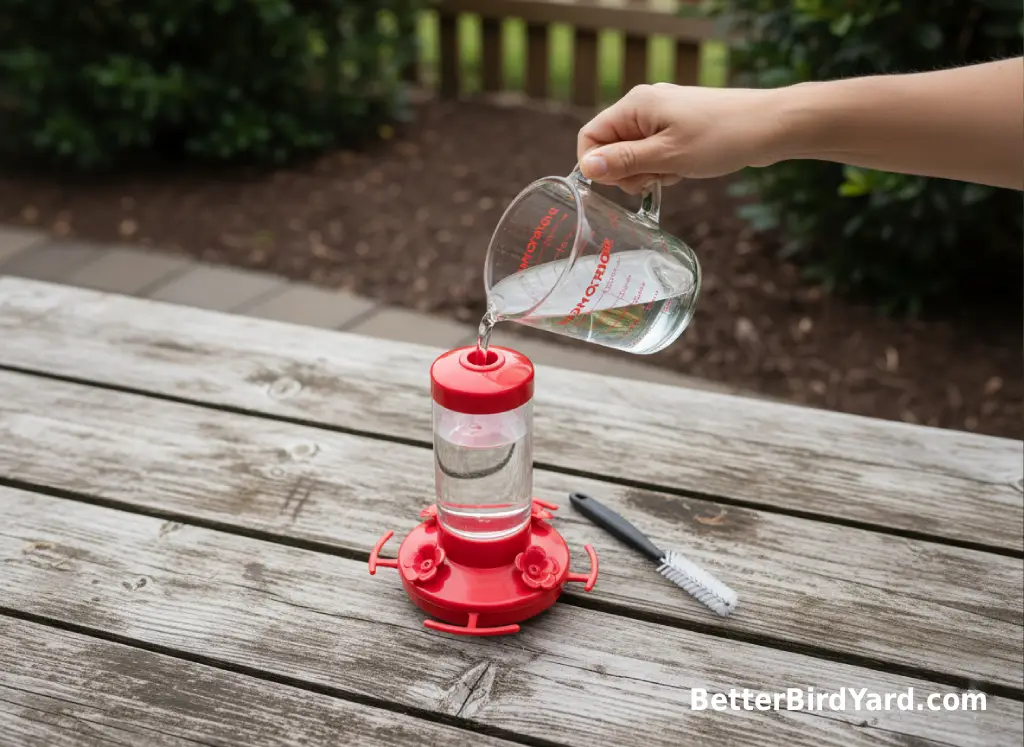 Clear homemade hummingbird nectar is poured into a clean feeder on an outdoor table.