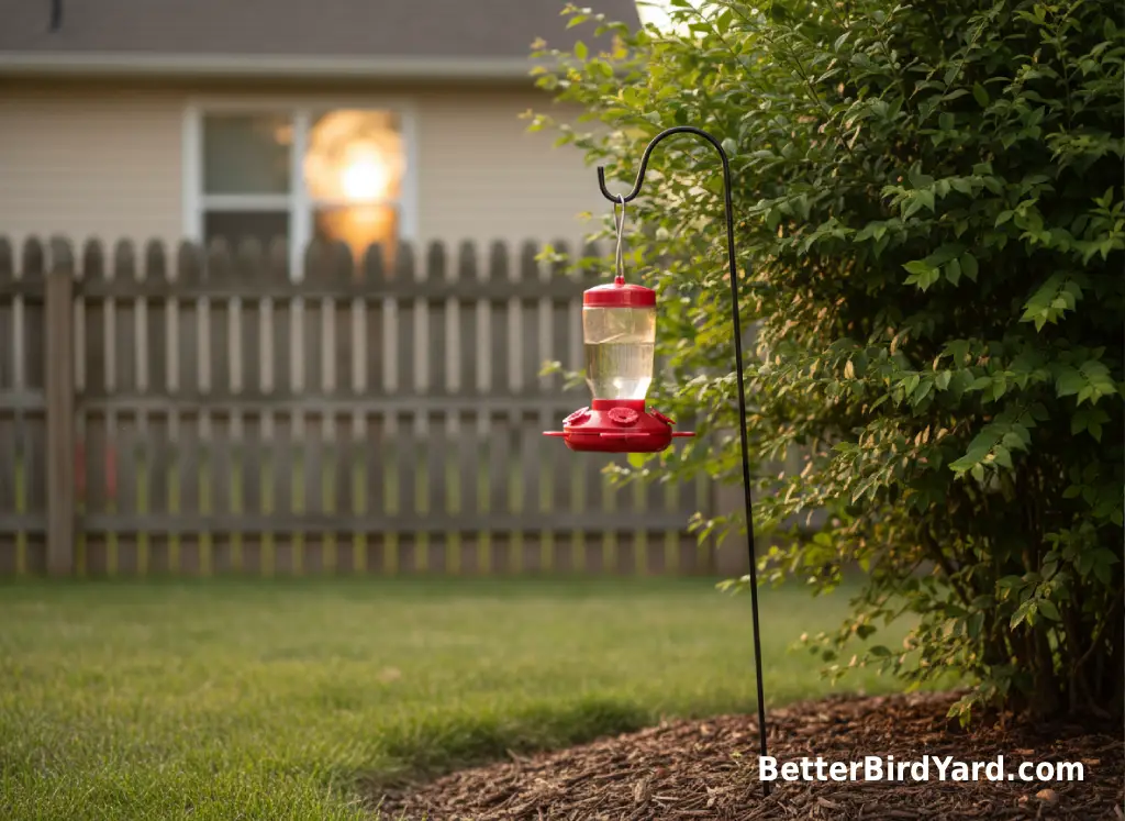 A hummingbird feeder hangs in light shade near shrubs and several feet from a window.