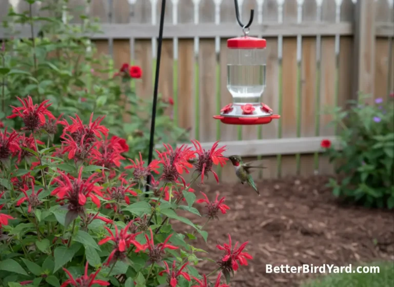 Red tubular flowers bloom beside a clean hummingbird feeder in a mulched backyard bed.