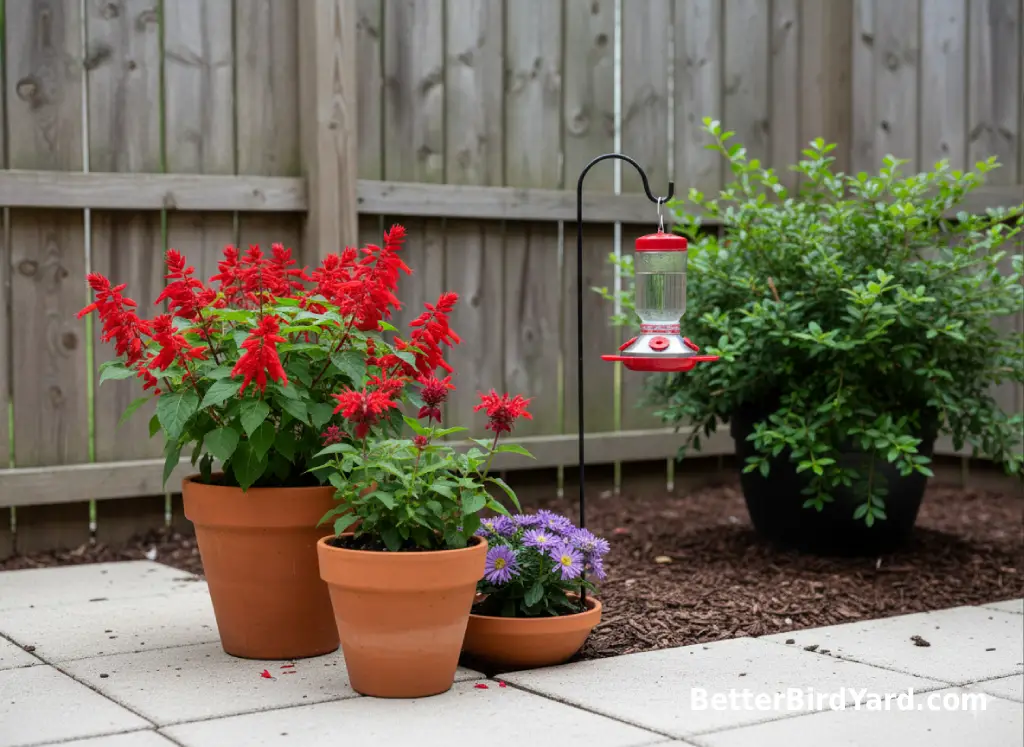 A small patio hummingbird setup has a feeder, potted flowers, and a leafy shrub near a fence.