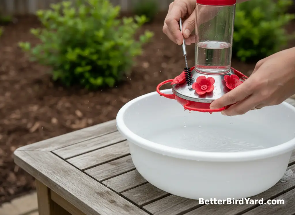 A hummingbird feeder is scrubbed with a small brush beside a basin of clean water.