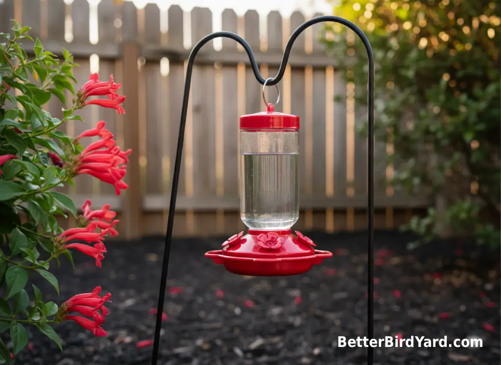 A clean hummingbird feeder hangs beside flowers with no dye, clutter, or spilled nectar visible.