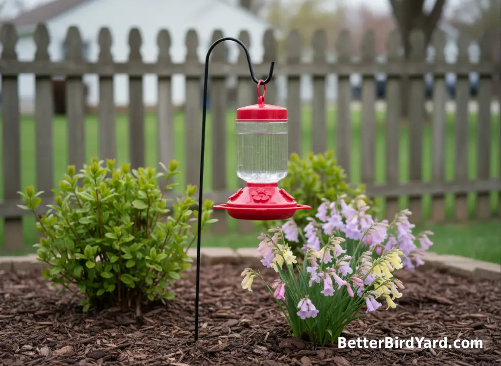 A hummingbird feeder hangs near early spring flowers in a lightly shaded backyard.