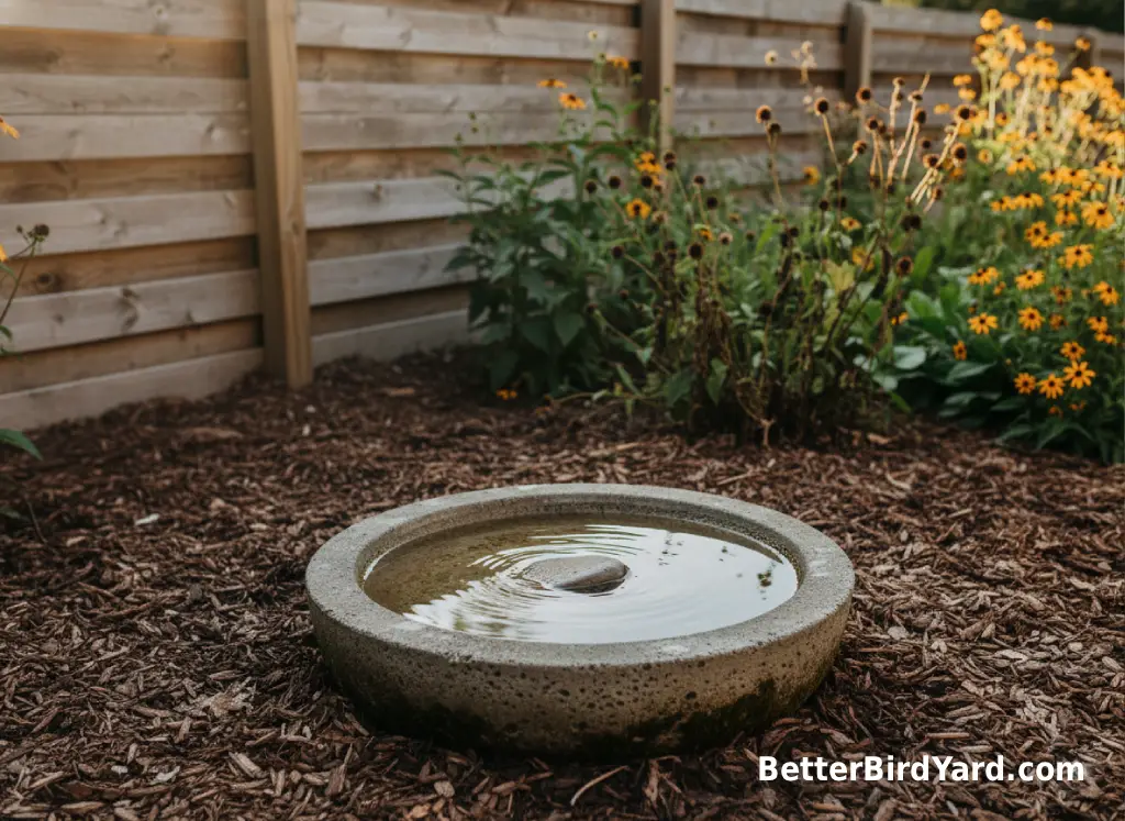 A shallow bird bath with clear water sits near native shrubs in a suburban backyard.