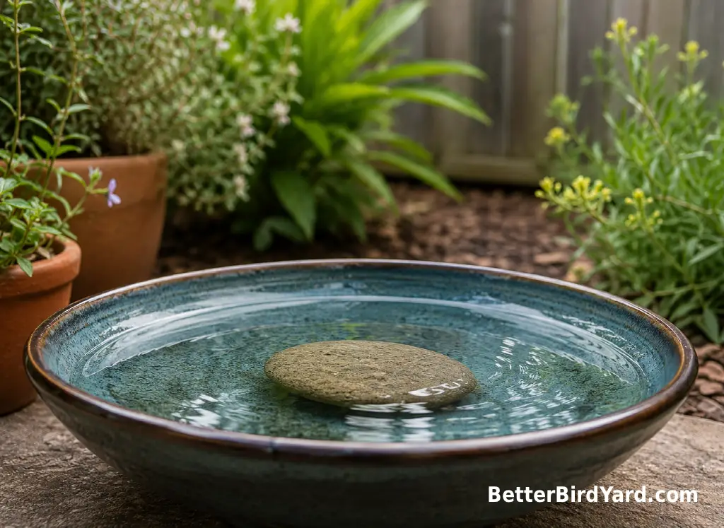 A shallow ceramic bird bath bowl holds clear water and a flat stone on a patio garden.
