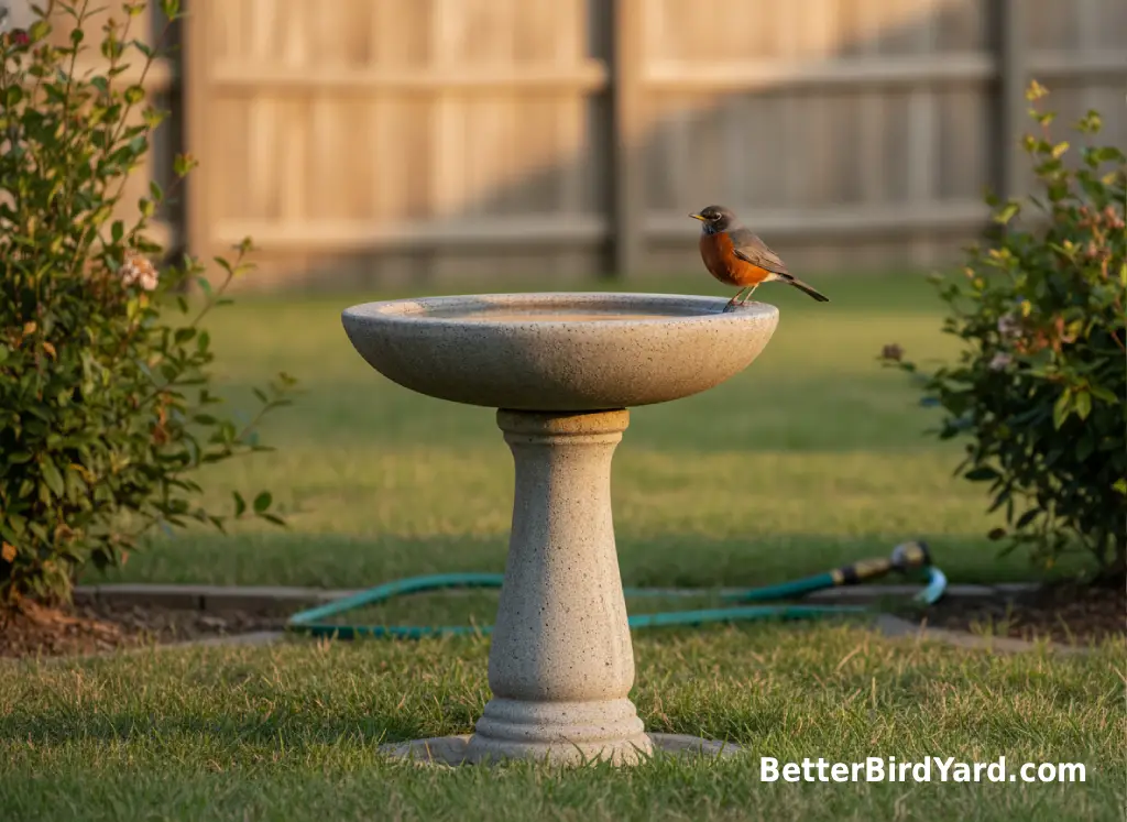 A pedestal bird bath stands on level ground near shrubs with open space around it.