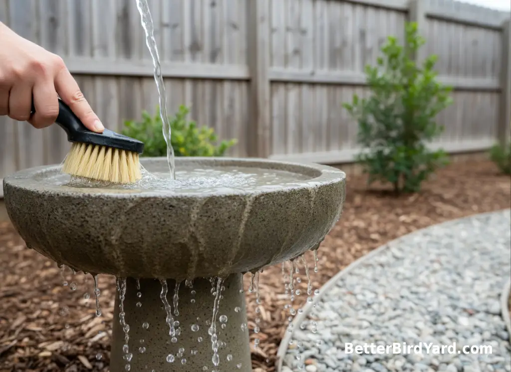 A clean bird bath bowl is rinsed beside a scrub brush and fresh water in a backyard.