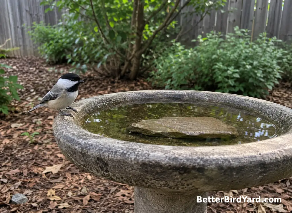 A bird bath sits in open shade with a flat stone in clean shallow water.