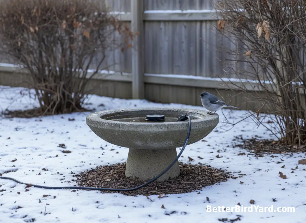 A shallow bird bath with a safe heater cord sits in a winter backyard garden.