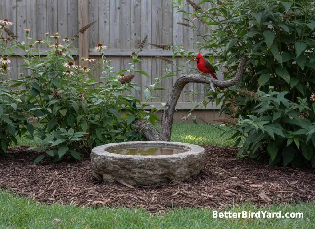 A bird bath sits near native shrubs and mulch in a small bird-friendly backyard garden.