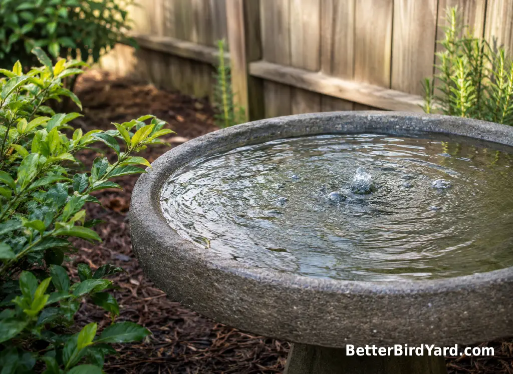 A shallow bird bath fountain with gentle ripples sits in a small backyard garden.