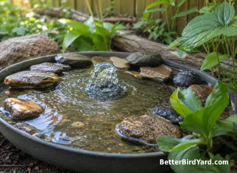 Flat stones sit around a low bubbling fountain in a shallow bird bath.