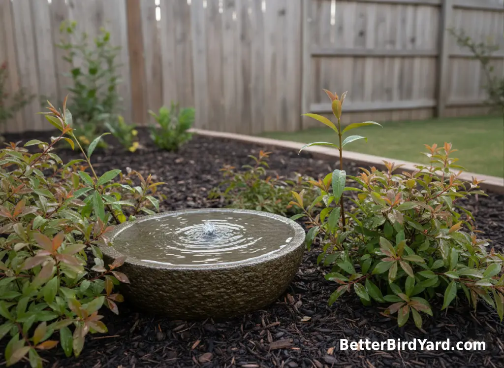 A bird bath fountain stands in a backyard near shrubs and a wooden fence.