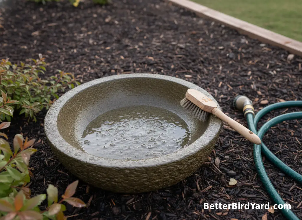 A scrub brush rests beside an emptied bird bath fountain basin ready for cleaning.