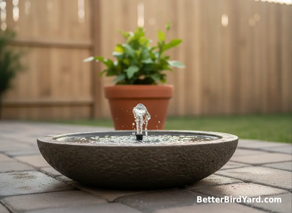 A low fountain spray stays inside a shallow bird bath basin on a patio.