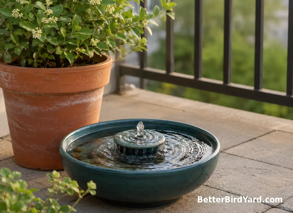 A compact tabletop bird bath fountain sits beside a potted shrub on a small patio.