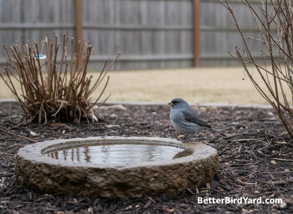 A shallow bird bath basin with fresh water sits in a quiet winter backyard near a junco.