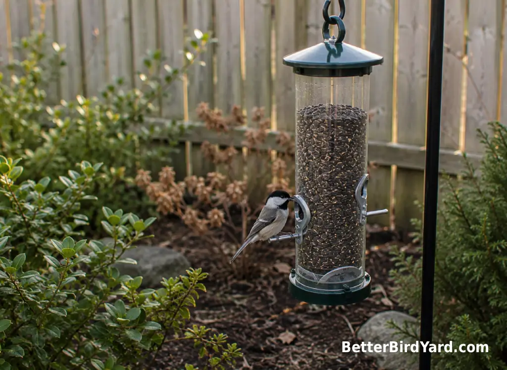 A clean backyard bird feeder hangs near native shrubs with no bread or table scraps nearby.