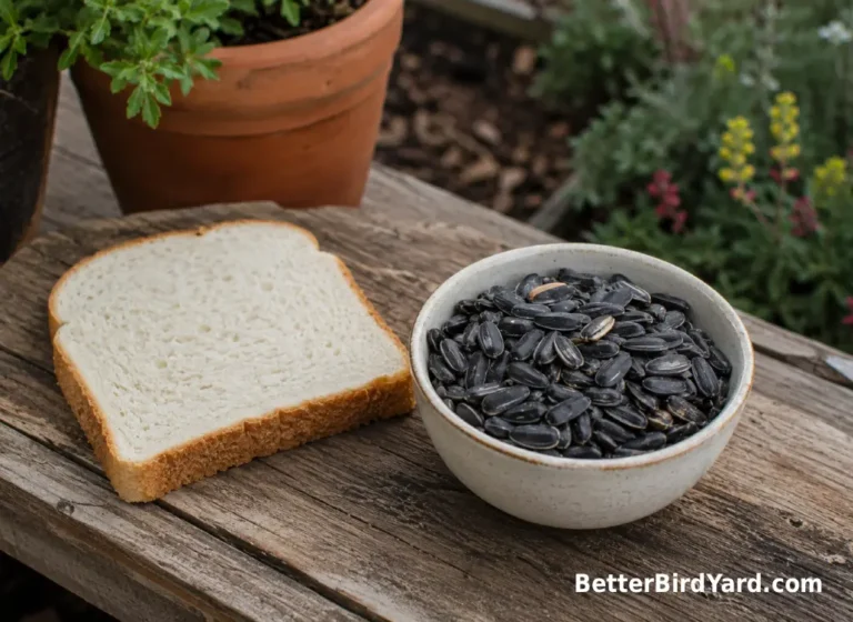 A slice of bread sits untouched beside a bowl of sunflower seed on a backyard potting bench.