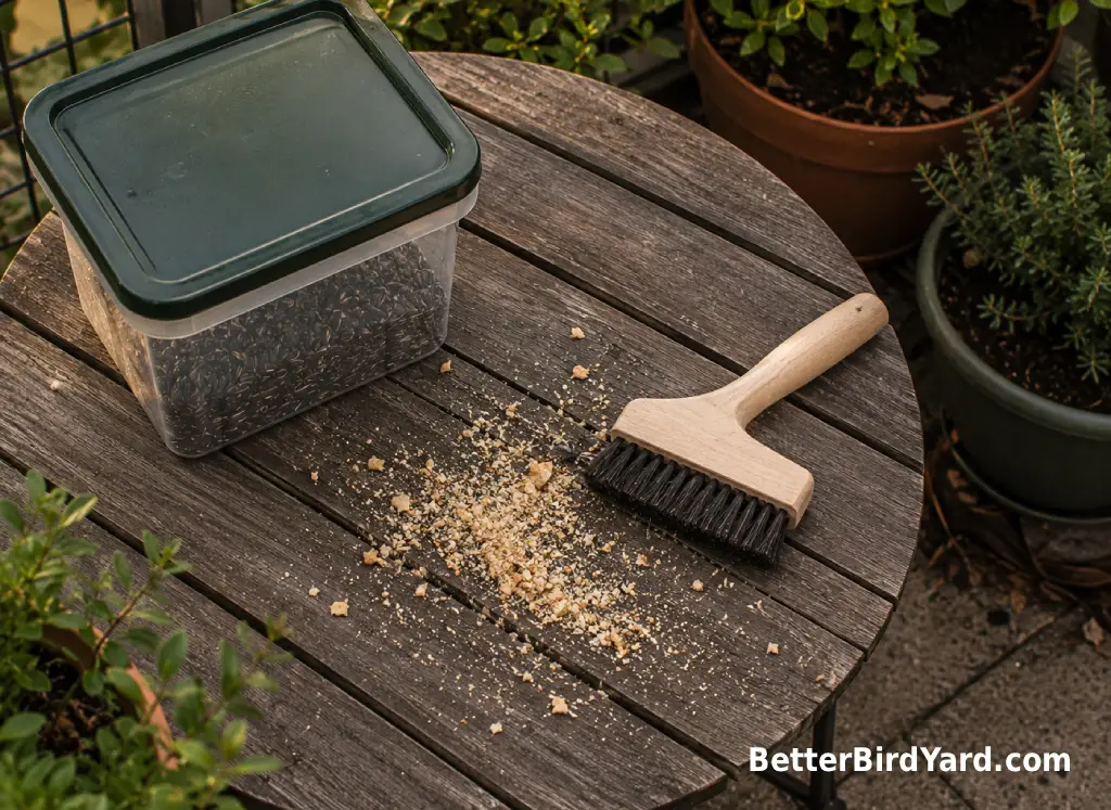 Bread crumbs are brushed away from a patio table beside a clean covered seed container.