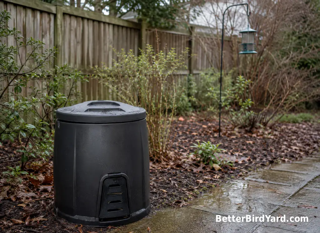 A closed compost bin sits near a patio garden while a clean bird feeder hangs in the background.