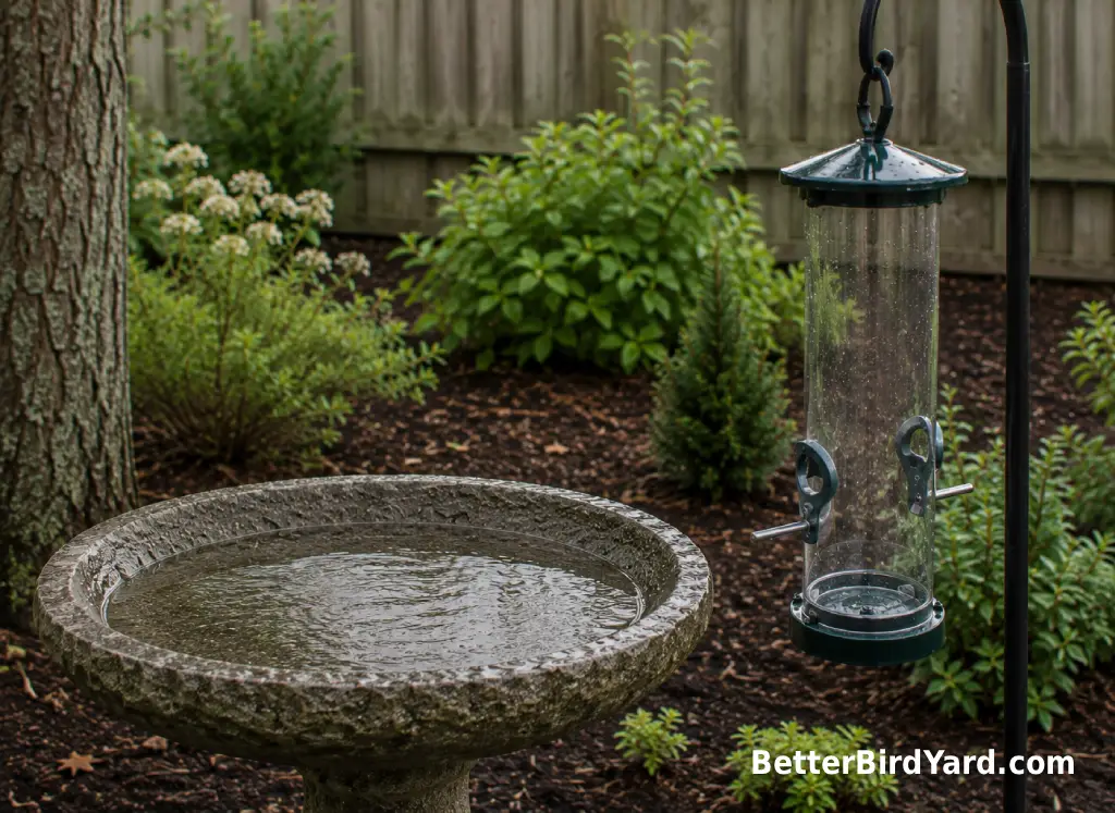A clean empty feeder hangs temporarily beside a bird bath in a quiet backyard garden.