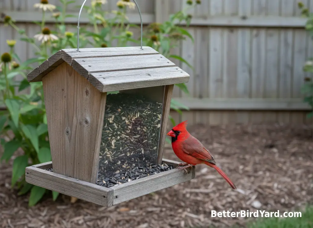 A male Northern Cardinal perches on a sturdy hopper feeder filled with sunflower seed in a backyard garden.