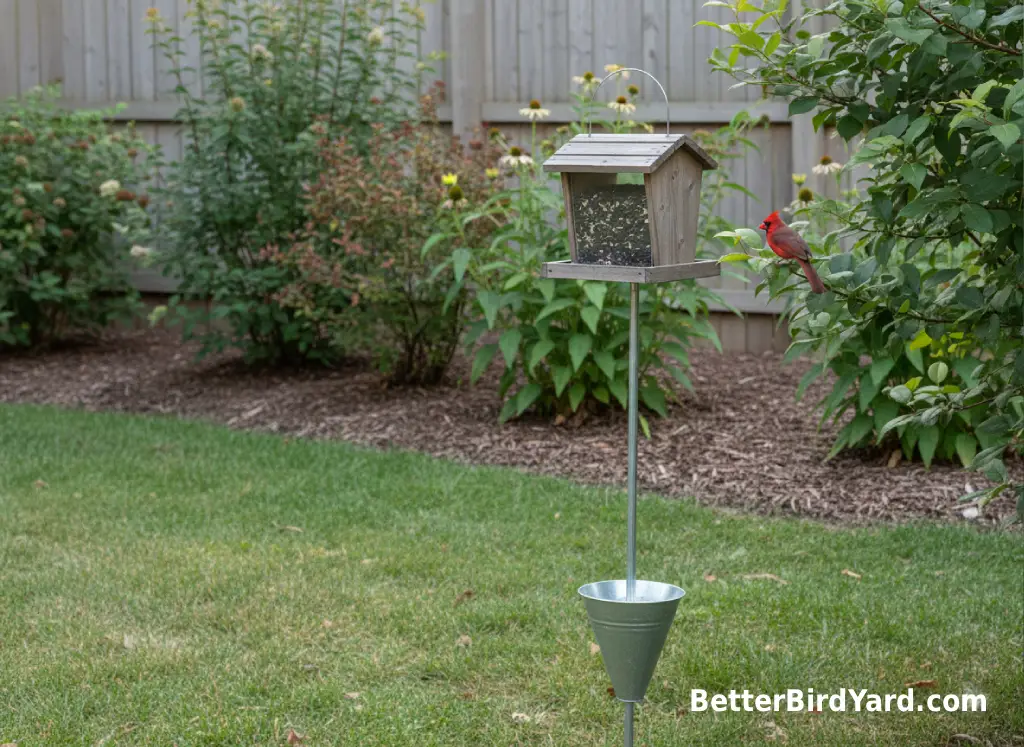 A hopper feeder stands on a pole near shrubs in a suburban backyard.