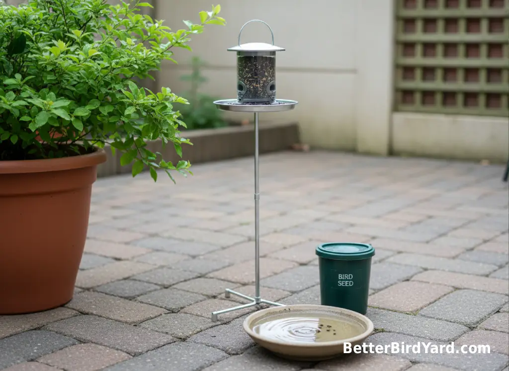 A compact hopper feeder stands on a small patio beside a potted shrub and seed container.
