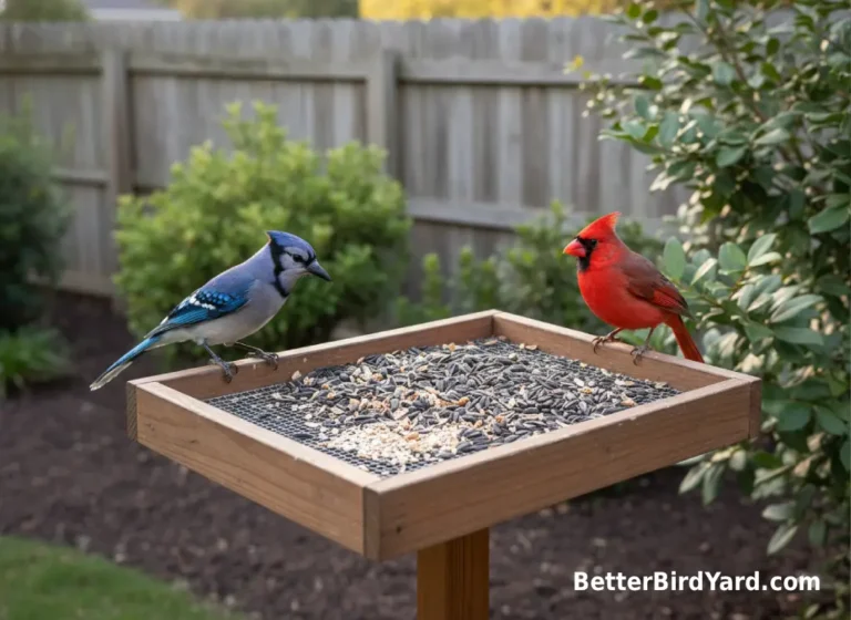 A Blue Jay and a Northern Cardinal use the area around a sturdy platform feeder.